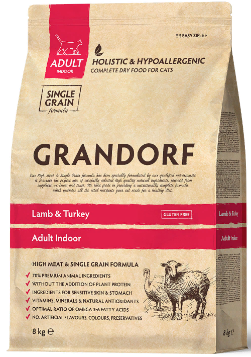 GRANDORF Holistic Indoor Cat Lamb / Turkey сухой низкозерновой корм для взрослых кошек домашнего содержания ЯГНЕНОК и ИНДЕЙКА (8 кг)