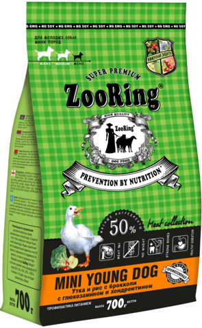 ZOORING MINI Young Dog DUCK сухой корм для взрослых собак Мелких пород с хондроитином / глюкозамином УТКА / РИС / БРОККОЛИ (700гр)